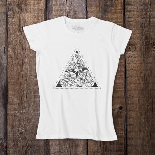 2019-03-16 koszulka damska biała przód Flower in Triangle 24x21cm.jpg